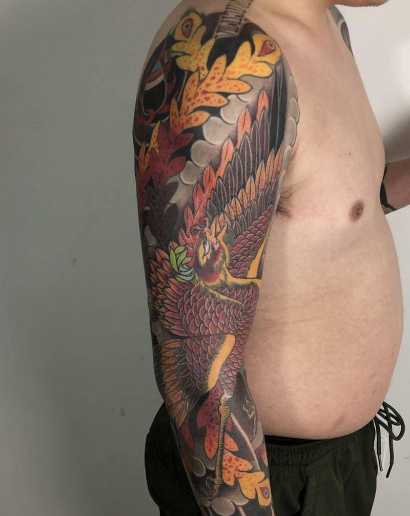 日式凤凰花臂纹身图片_手臂老传统凤凰纹身图案