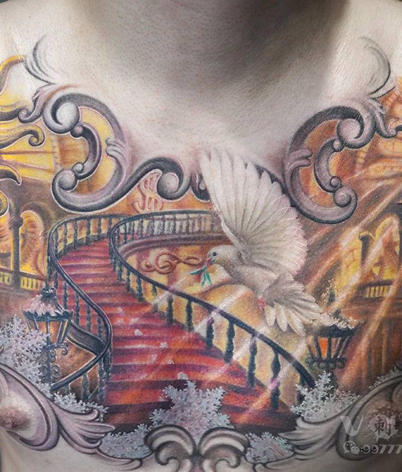 包含了太多的设计元素…纹身图片_胸部欧美写实老虎兔子胸口大V纹身图案