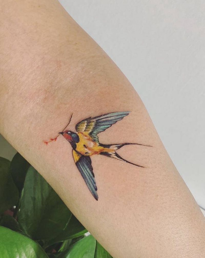 燕子衔枝纹身图片_手臂水彩纹身图案