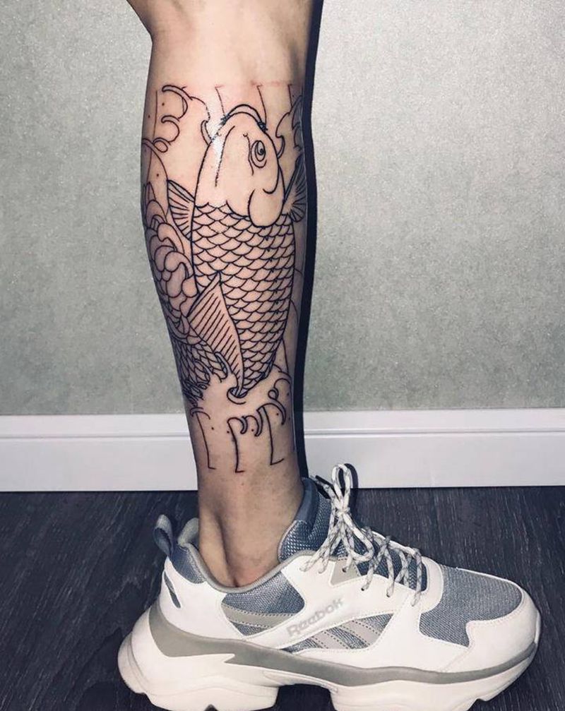 日式包小腿 鱼鱼花纹身图片_腿部老传统日式纹身图案