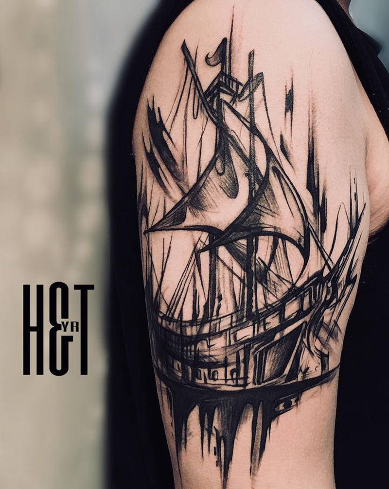 乘风破浪纹身图片_手臂肩部New School几何船纹身图案