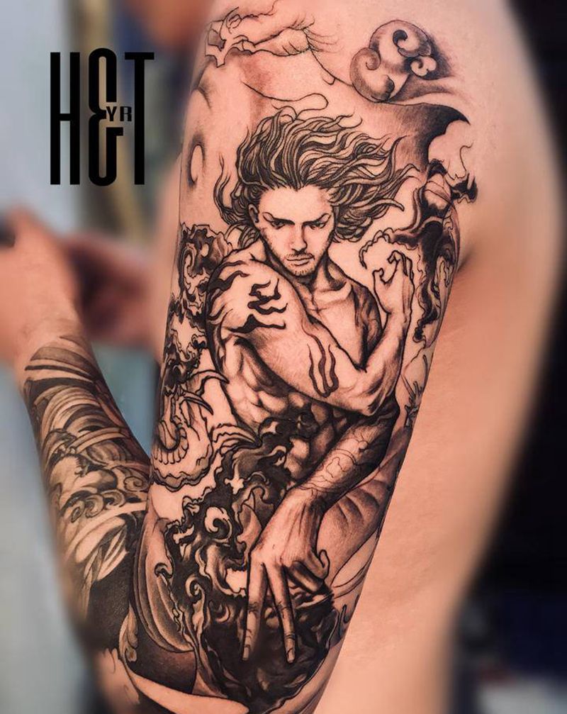 传统大臂拼接纹身图片_手臂新传统人物纹身图案