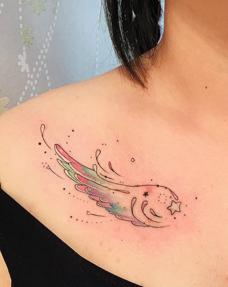 心自由，人就自由。纹身图片_胸部水彩锁骨翅膀自由纹身图案