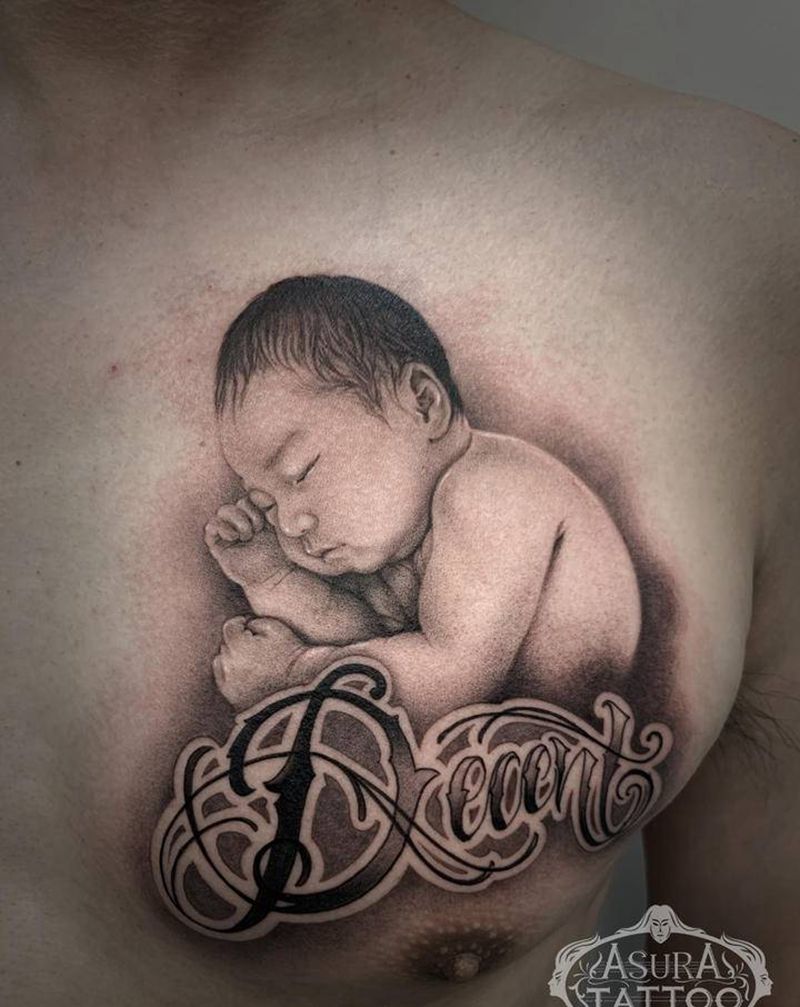 【父爱如山】纹身图片_胸部欧美写实黑灰肖像原创纹身图案