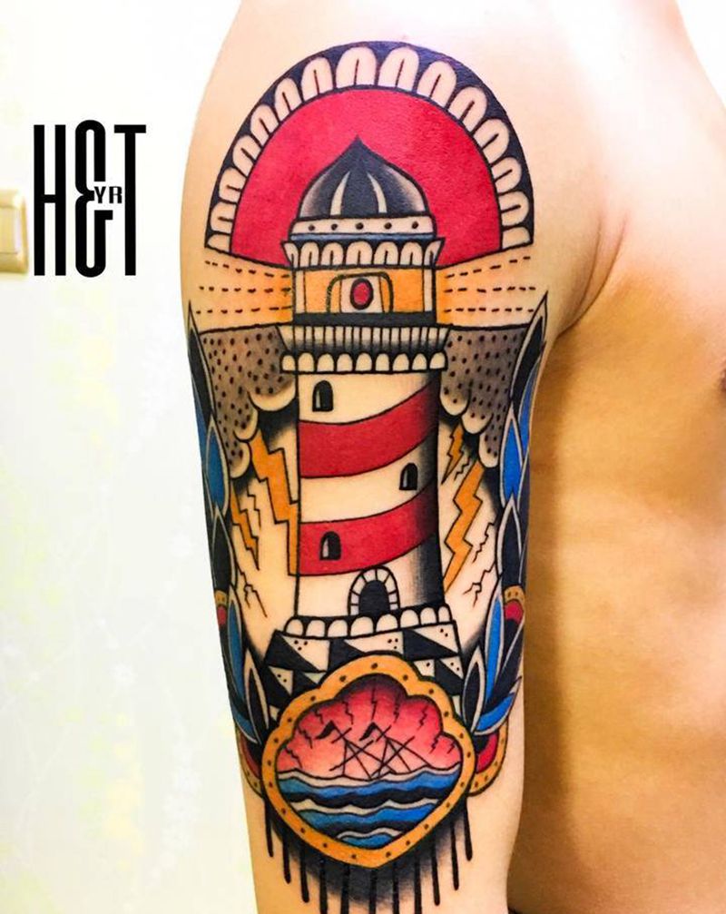 school灯塔纹身图片_手臂Old School灯塔花臂纹身图案