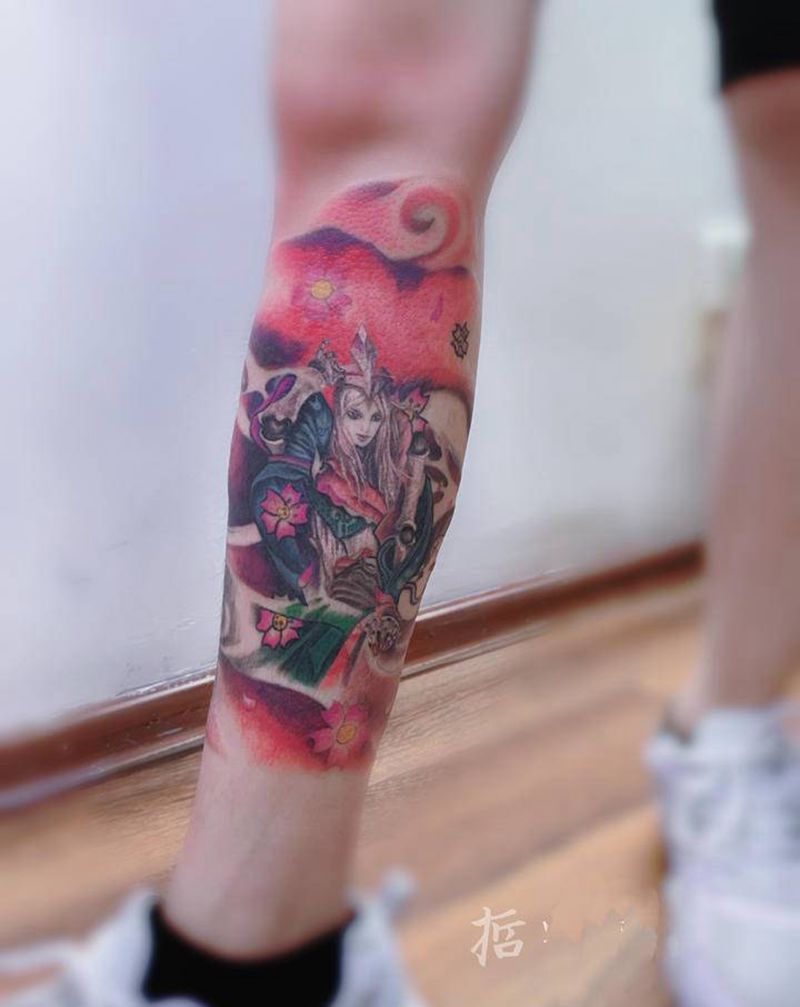 王者荣耀元歌纹身图片_腿部水墨水彩纹身图案