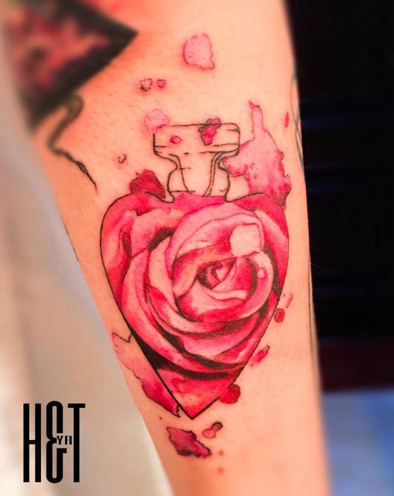水彩风-香水玫瑰纹身图片_手臂水彩New School拼花臂纹身图案