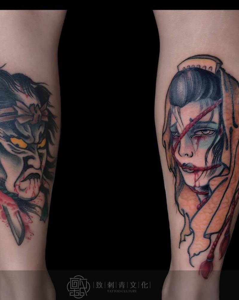 生首纹身图片_脚部腿部老传统新传统纹身图案