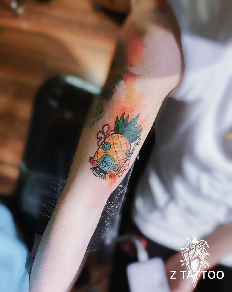 海绵宝宝的菠萝屋纹身图片_手臂New School卡通纹身图案