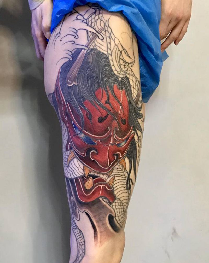 般若纹身图片_腿部新传统纹身图案