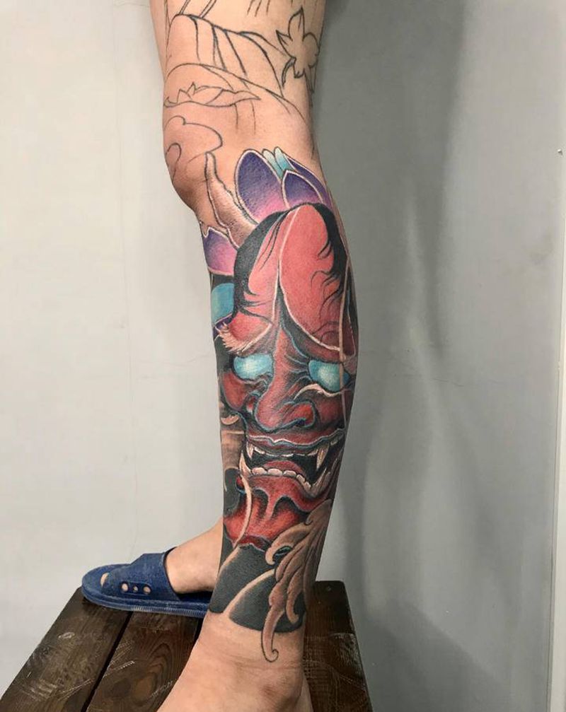 般若面纹身图片_腿部新传统纹身图案