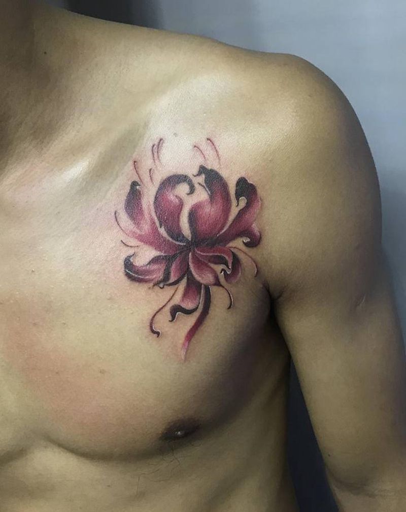 彼岸花纹身图片_肩部水彩纹身图案