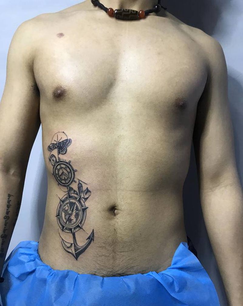 船锚，指南针纹身图片_腹部几何纹身图案