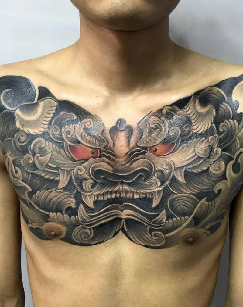 唐狮纹身图片_胸部新传统纹身图案