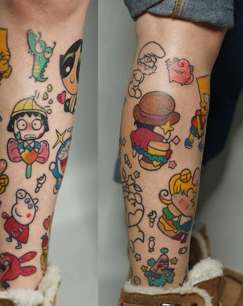 卡通包小腿纹身图片_New School纹身图案