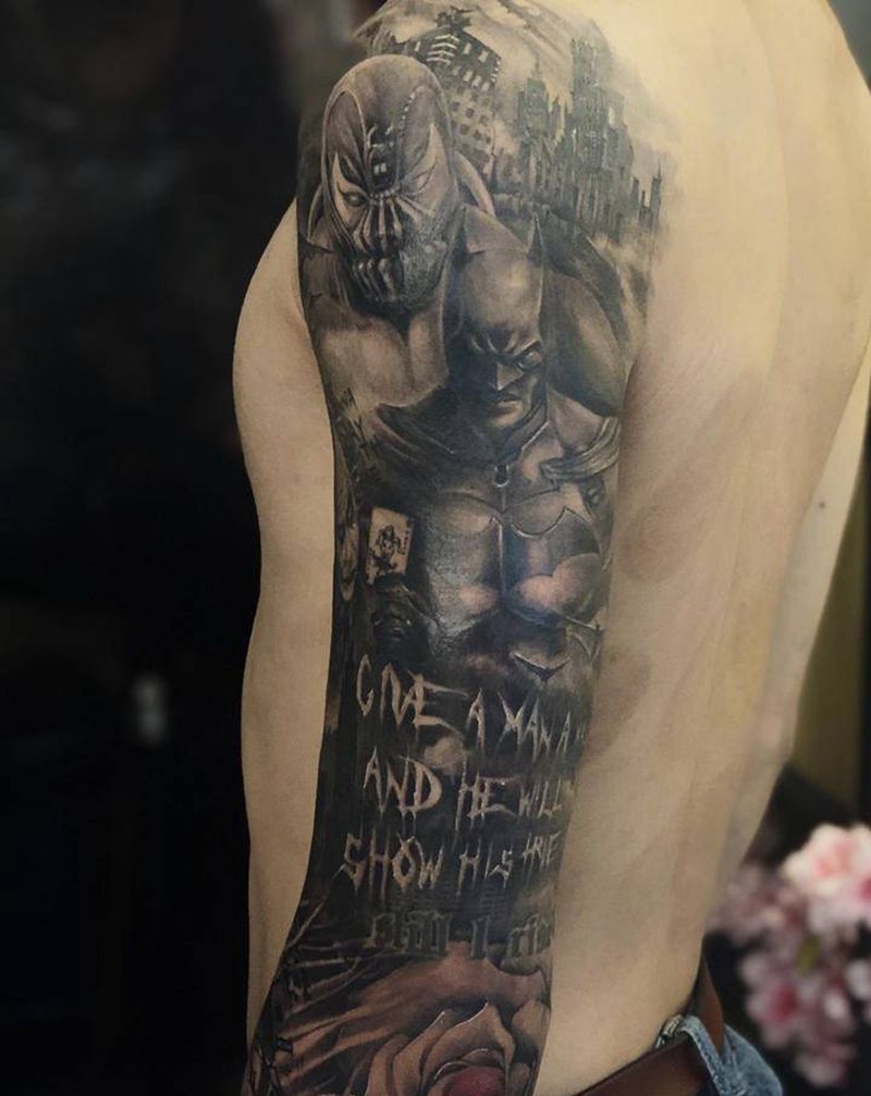 英雄梦纹身图片_手臂欧美写实蝙蝠侠 小丑纹身图案