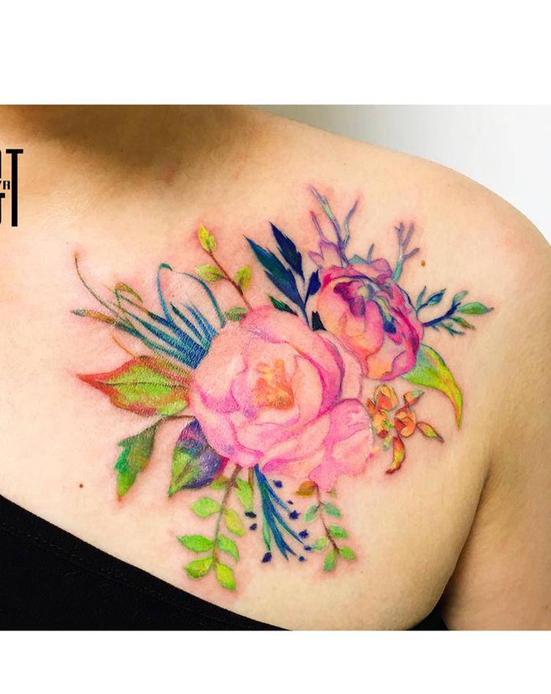 好运笼罩，快乐包围纹身图片_胸部New School水彩画纹身图案