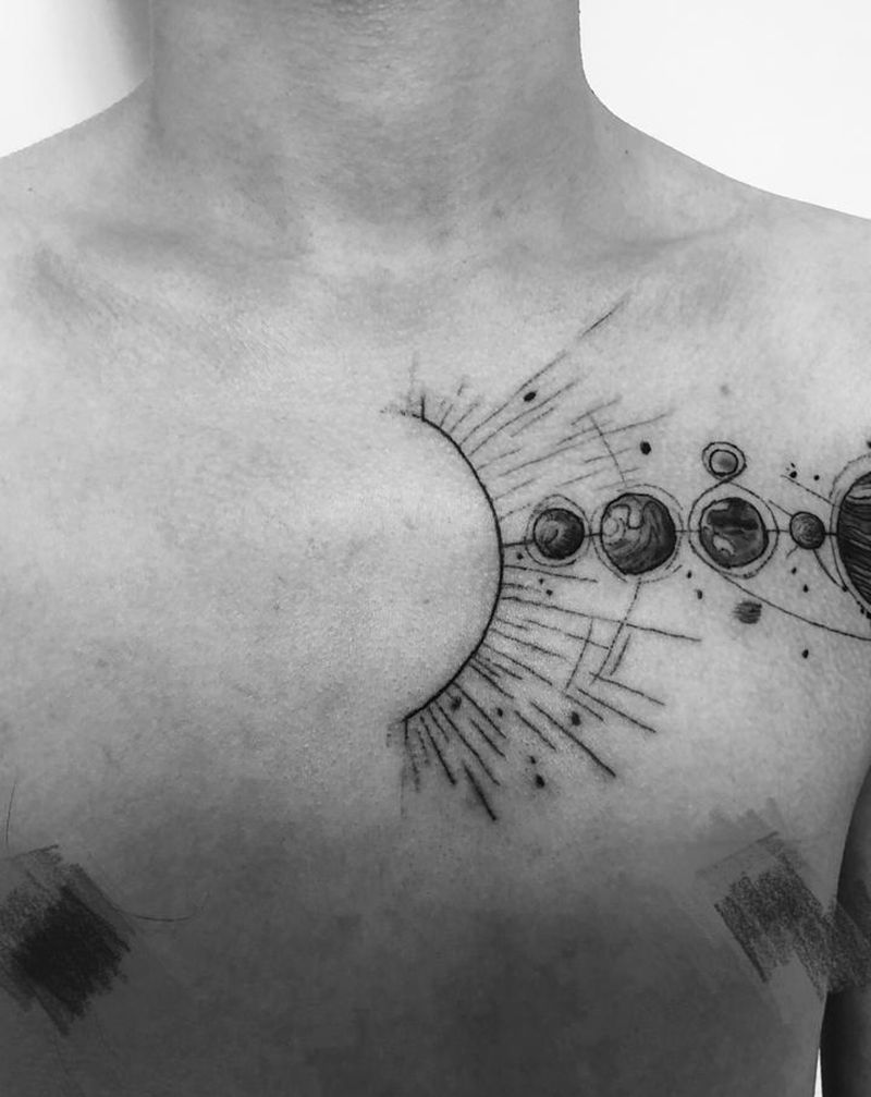 几何星球纹身图片_胸部点刺几何纹身图案