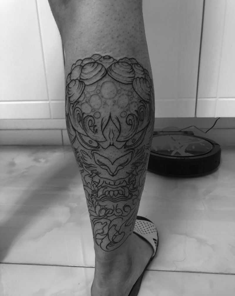 唐狮线条纹身图片_腿部新传统纹身图案