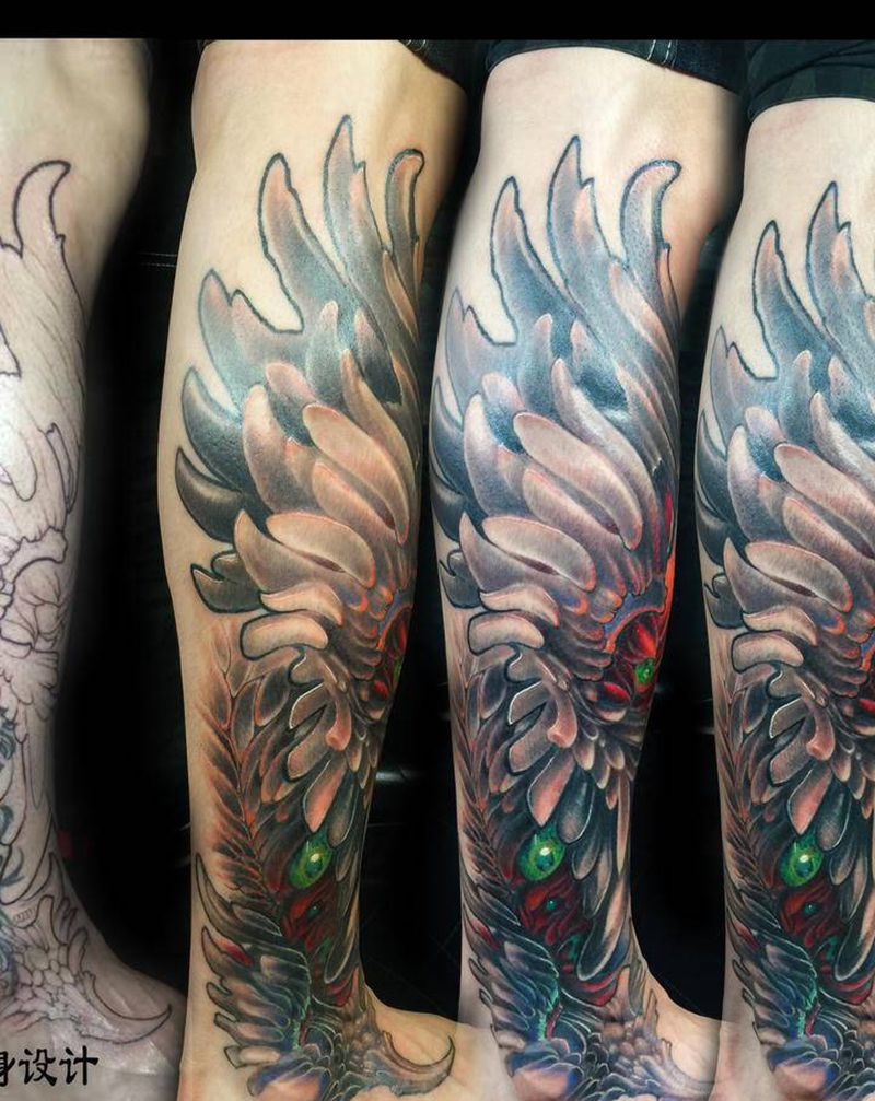 3D翅膀纹身图片_腿部欧美写实翅膀写实彩色纹身图案