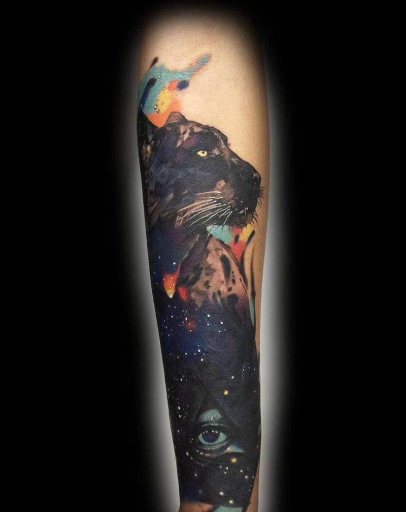 覆盖黑豹纹身图片_手臂水彩黑豹纹身图案