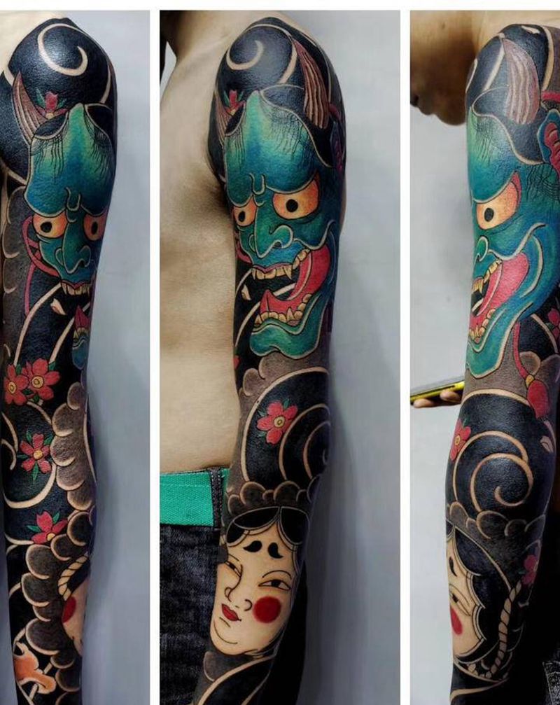 老传统花臂纹身图片_手臂老传统纹身图案