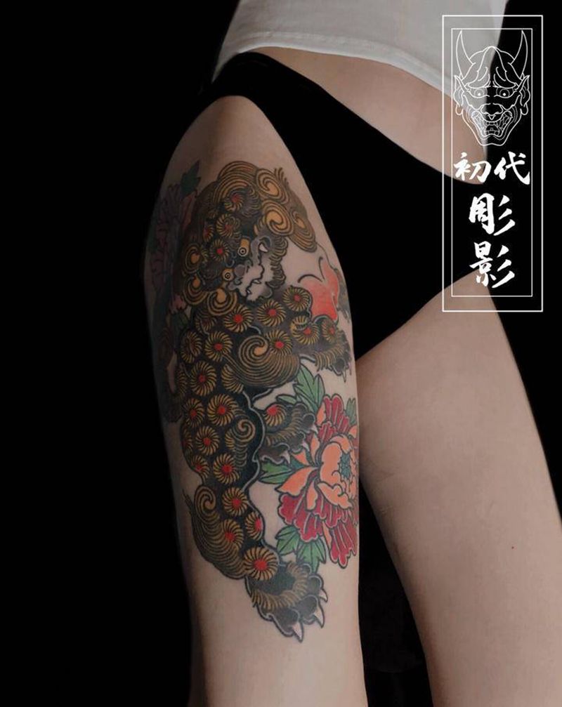 老传统唐狮子，牡丹。纹身图片_臀部腿部老传统唐狮子牡丹老传统纹身图案