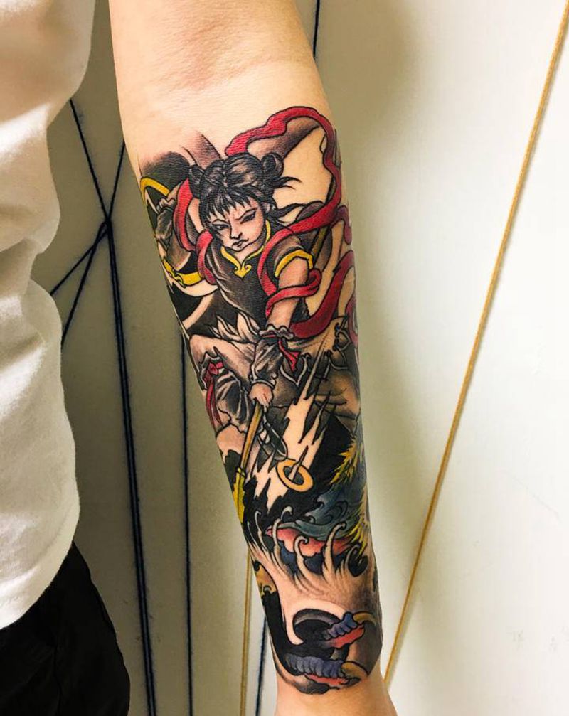 哪吒包小臂纹身图片_手臂新传统哪吒水浪纹身图案