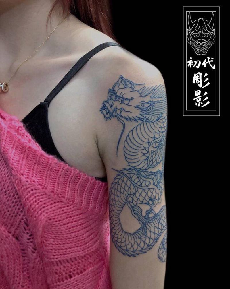 龙纹身图片_手臂老传统龙线条纹身图案