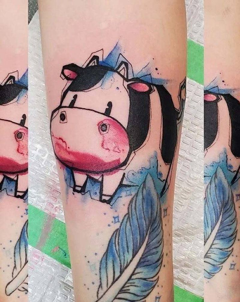 牛欧美纹身图片_腿部水彩牛纹身图案