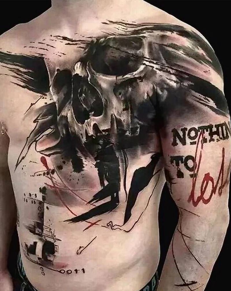 骷髅纹身图片_胸部欧美纹身图案