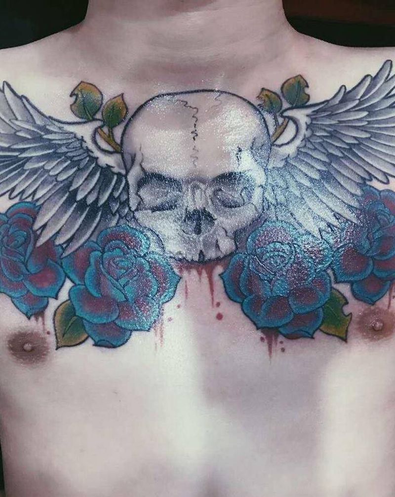 骷髅纹身图片_胸部欧美纹身图案