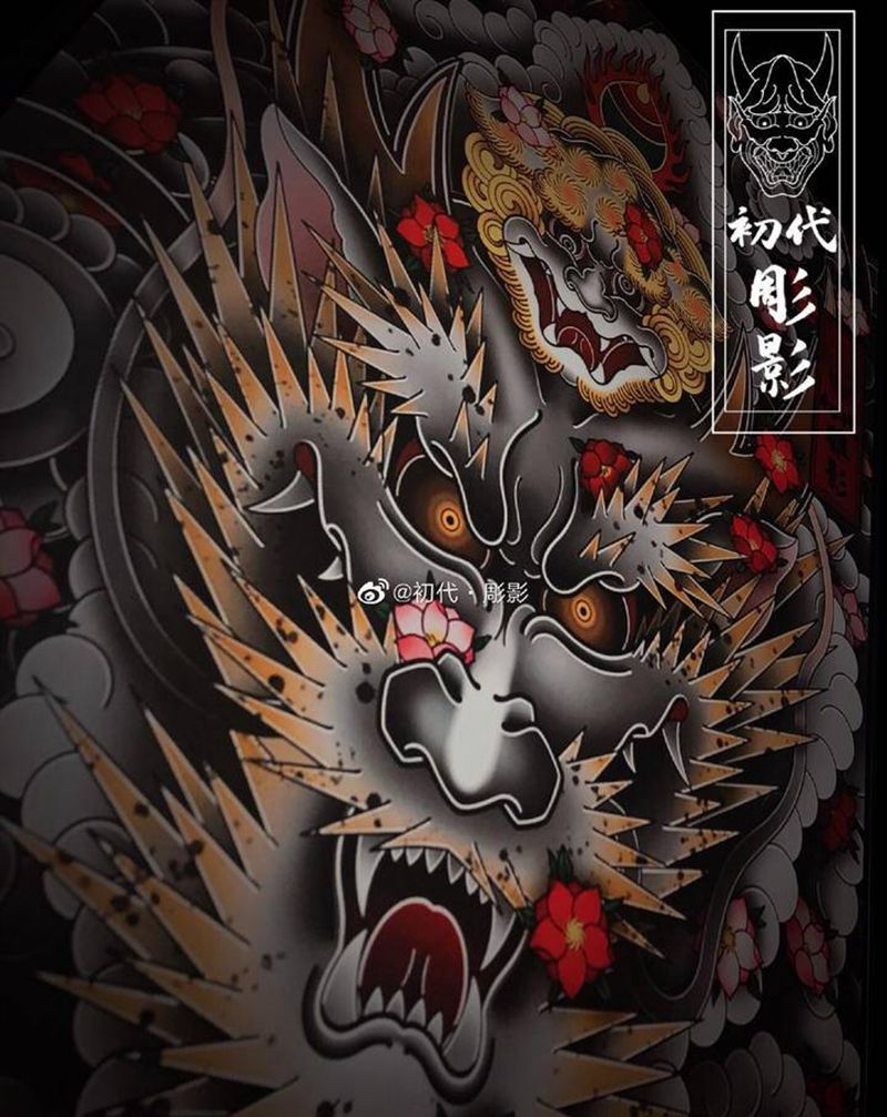 龙纹身图片_老传统龙唐狮子宝珠纹身图案