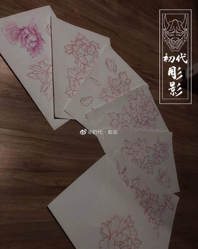 牡丹草稿纹身图片_老传统牡丹日式传统纹身图案