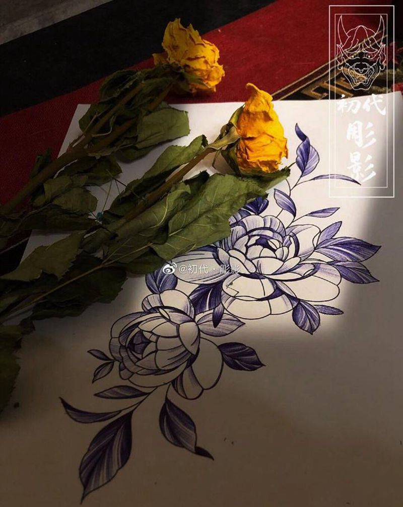 素花手稿纹身图片_几何素花纹身图案