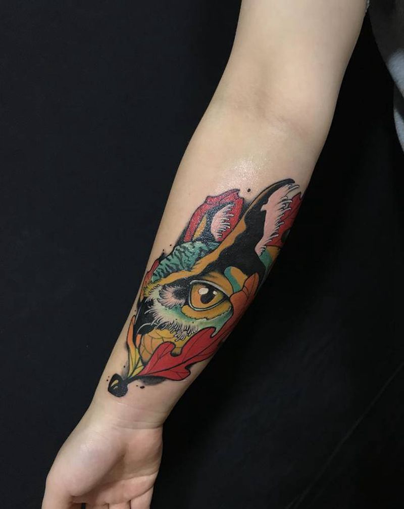 猫头鹰眼睛纹身图片_手臂New School纹身图案