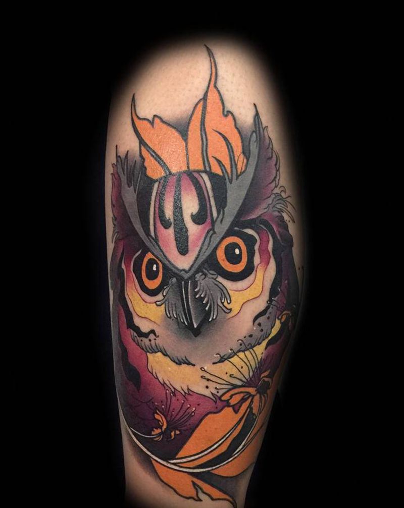 NS 猫头鹰纹身图片_腿部New School纹身图案