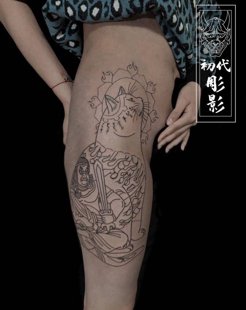日式猫纹身图片_腿部老传统猫不动明王纹身图案