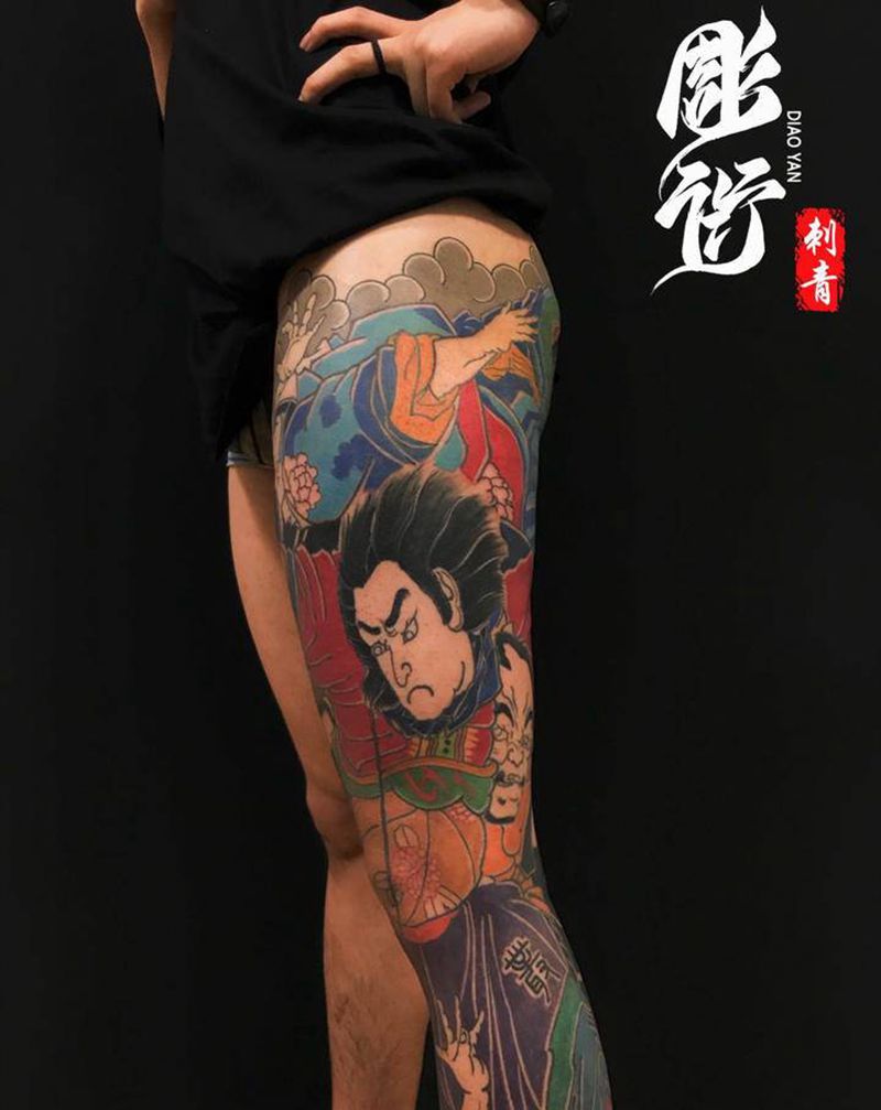 花腿水浒人物王定六纹身图片_腿部新传统纹身图案
