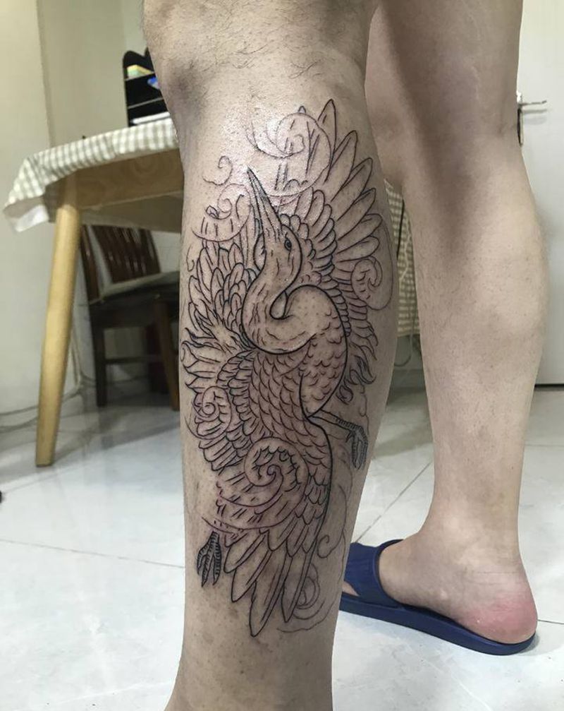仙鹤纹身图片_腿部新传统纹身图案