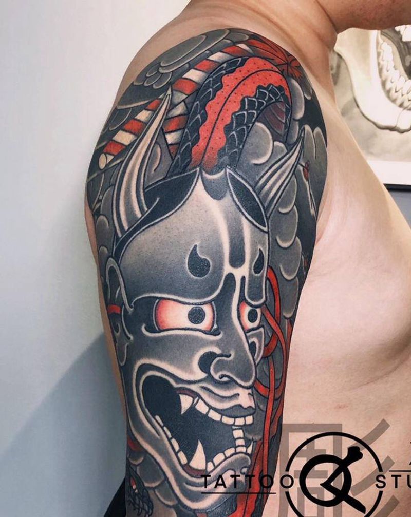 般若纹身图片_肩部老传统日式传统花臂纹身图案