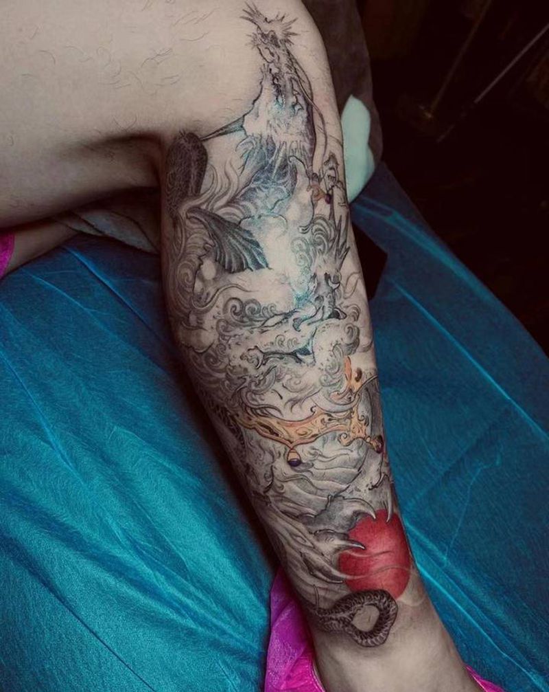 唐狮纹身图片_腿部新传统纹身图案