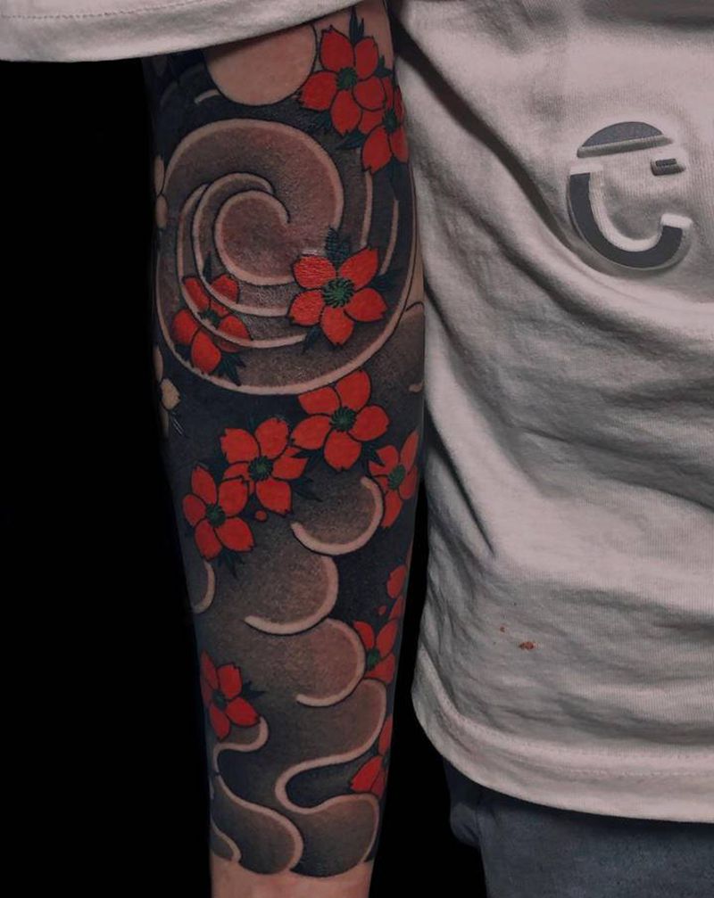 樱花臂纹身图片_手臂老传统樱花日式传统老传统纹身图案