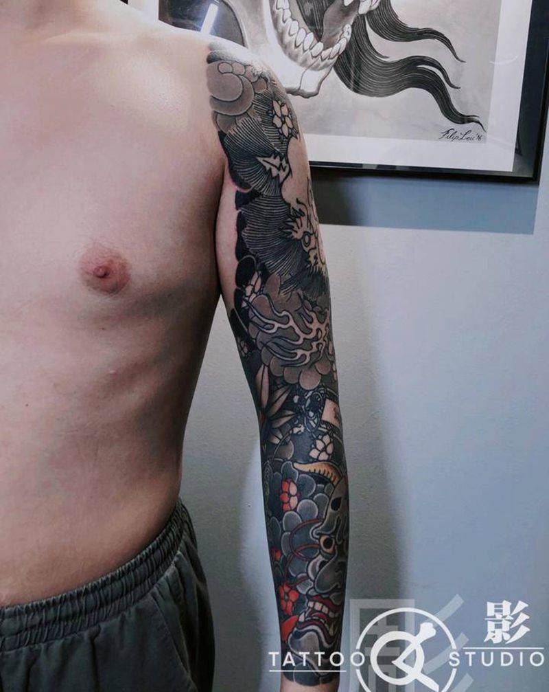 日式传统纹身图片_手臂老传统酒吞童子般若纹身图案