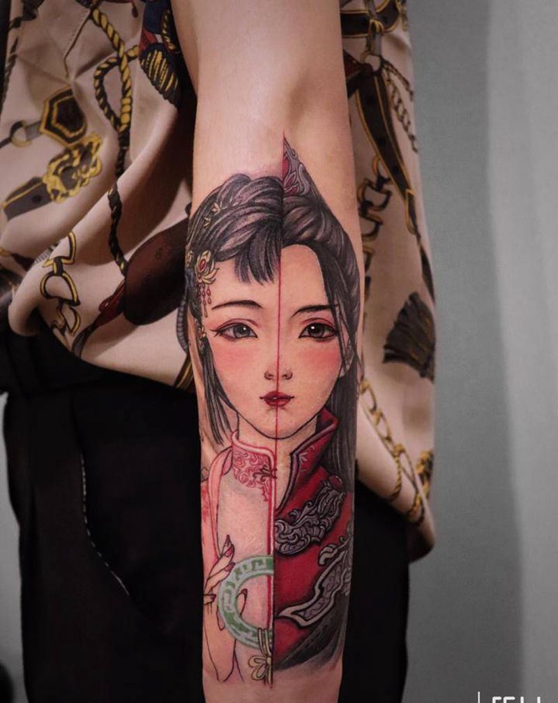 花木兰纹身图片_手臂新传统艺伎花木兰纹身图案