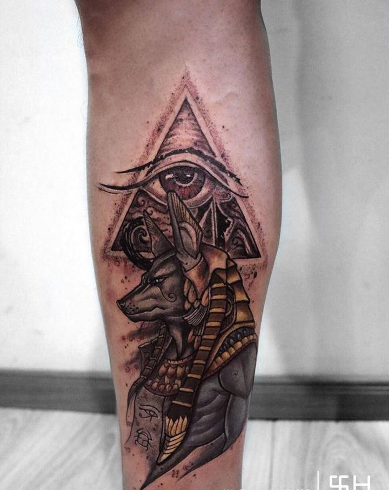 阿努比斯纹身图片_腿部New School阿努比斯纹身图案