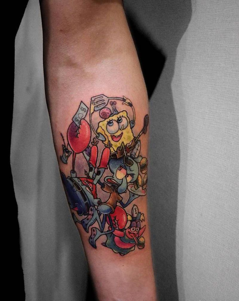 海绵宝宝纹身图片_手臂New School海绵宝宝  派大星纹身图案