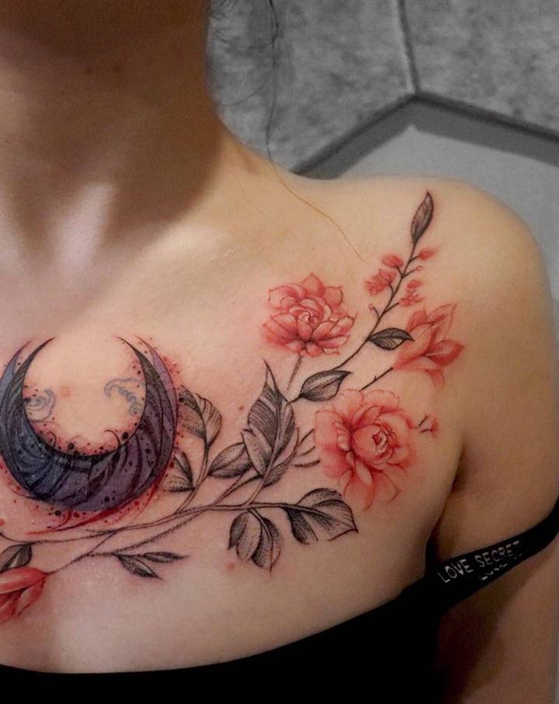 月亮纹身图片_胸部水彩欧美写实花月亮修改纹身图案