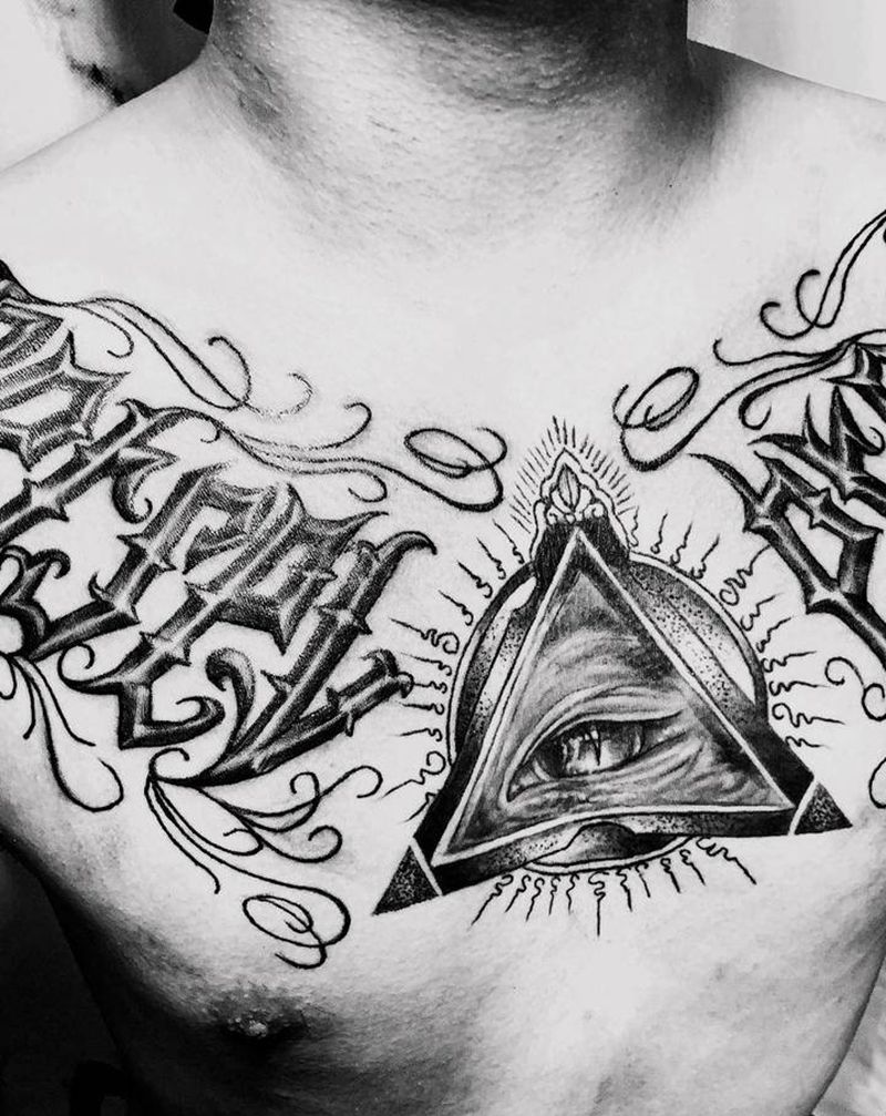 花体英文纹身图片_胸部花体字纹身图案