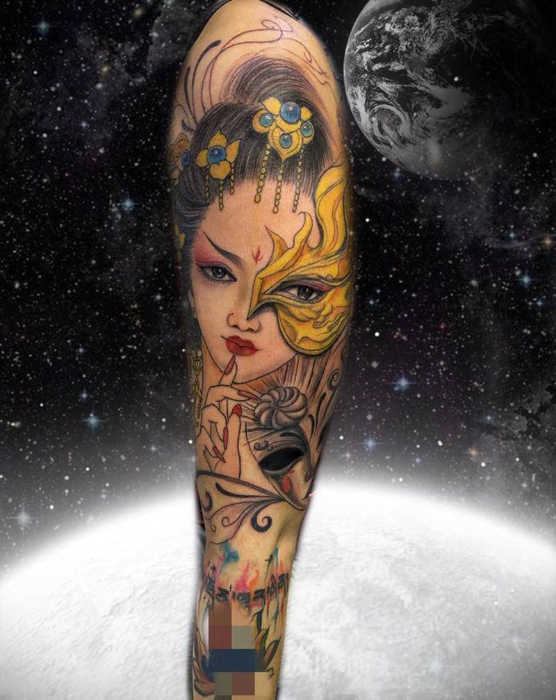 半面美人纹身图片_手臂手部纹身图案